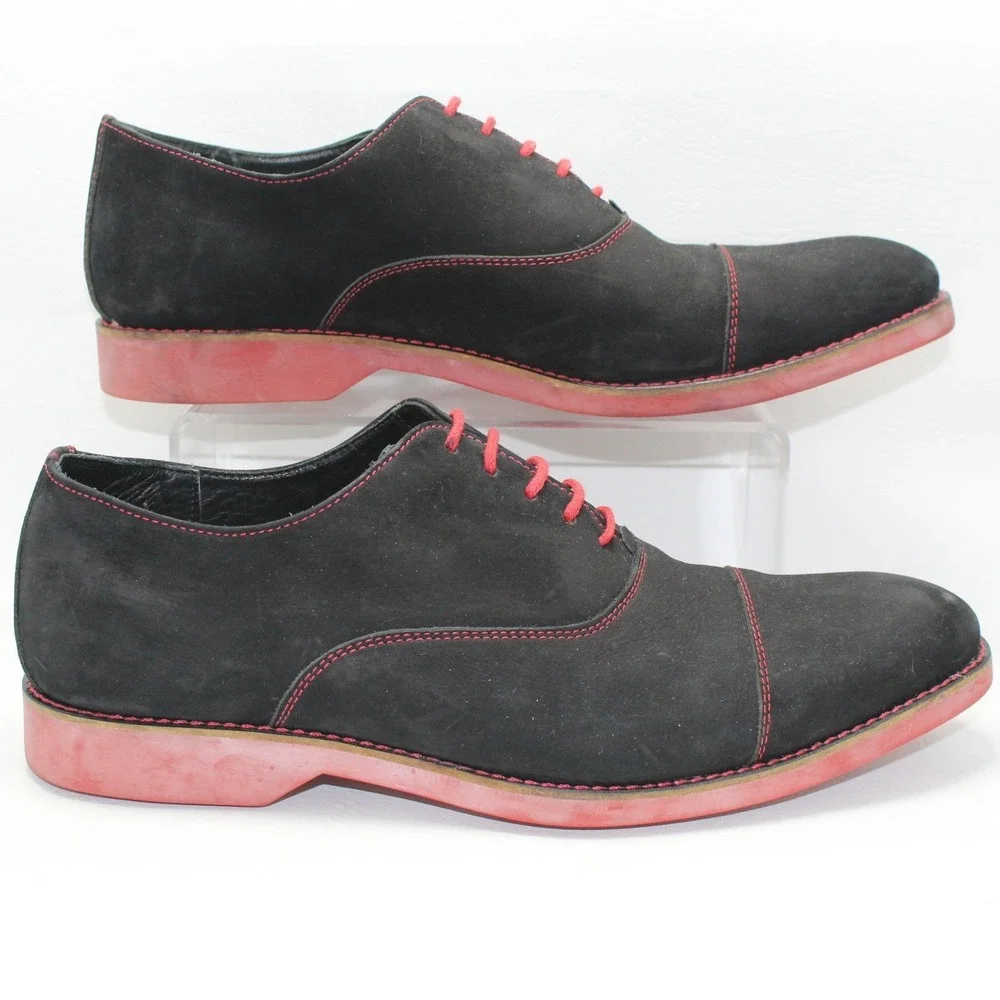 Donald J Pliner Mens Black Suede Red Contrast Cap Toe‎ Oxford Shoes Size 10